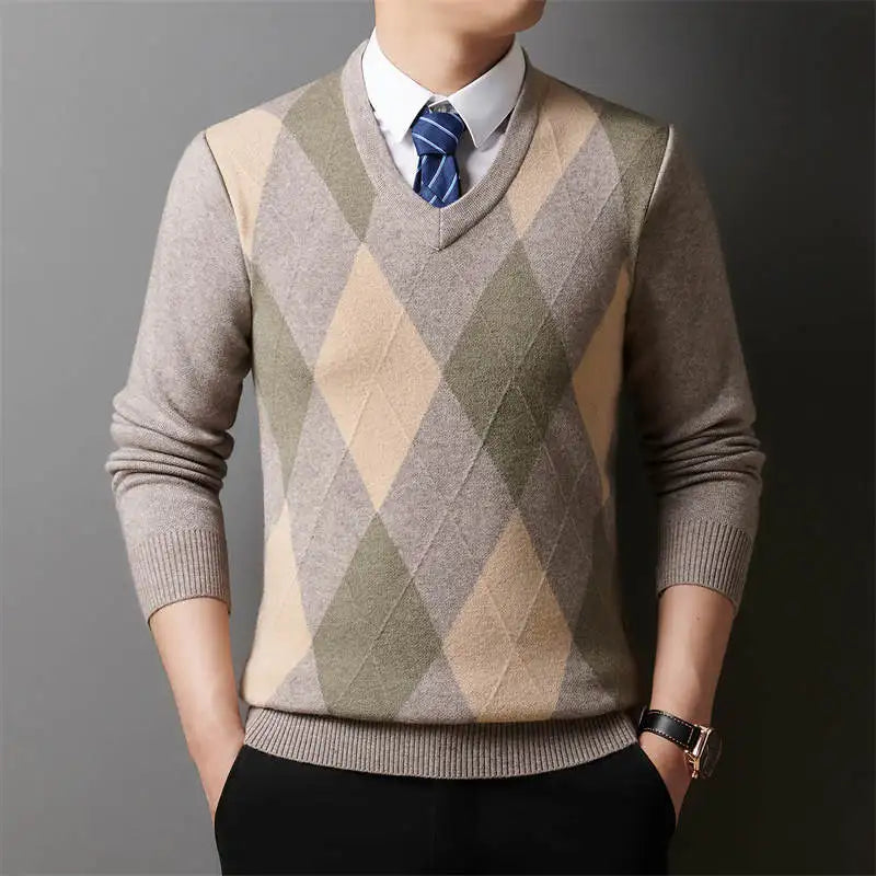 Plaid V-neck Long Sleeved Sweater